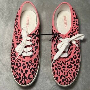 NWT Forever 21 Leopard Print Sneaker Women Sz 7 Pink Canvas Low Top Lace Up Shoe